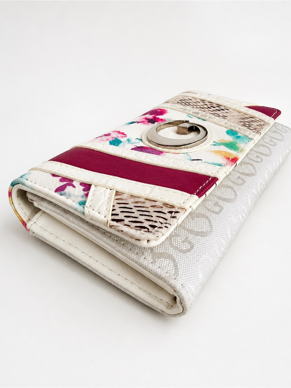 Guess Floral Wallet Clutch Pink White Snakeskin Accent Organizer Wristlet Y2K - Picture 4 of 6